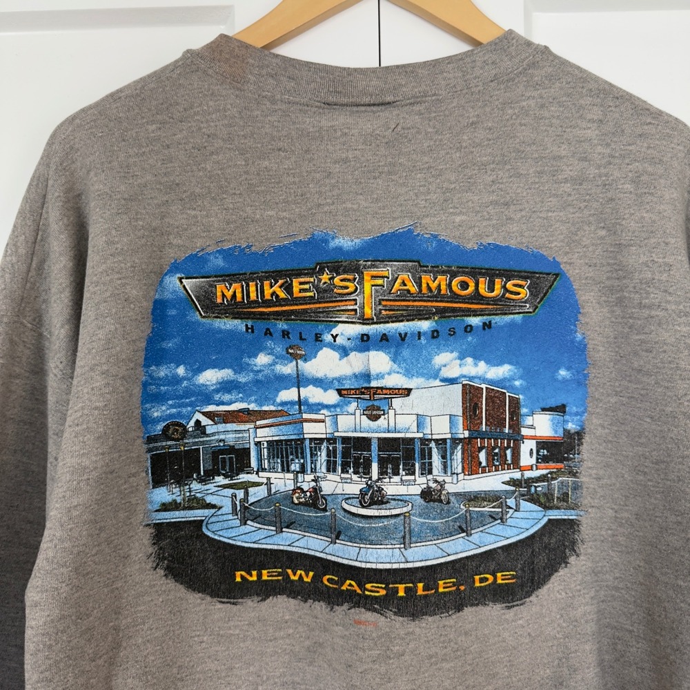 Mens Harley Davidson Graphic Crew Neck Large Gray Y2K Mike's Famous Delaware